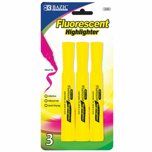 Yellow Desk Style Fluorescent Quick Drying Highlighters 3 Per Pack - US SHIPPING