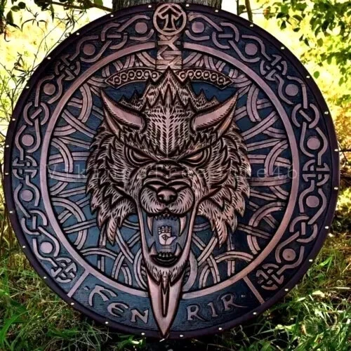 24'' Fenrir Wolf Carved Wooden Viking Shield Battle-Worn Shield Wall Décor - Image 2 of 4