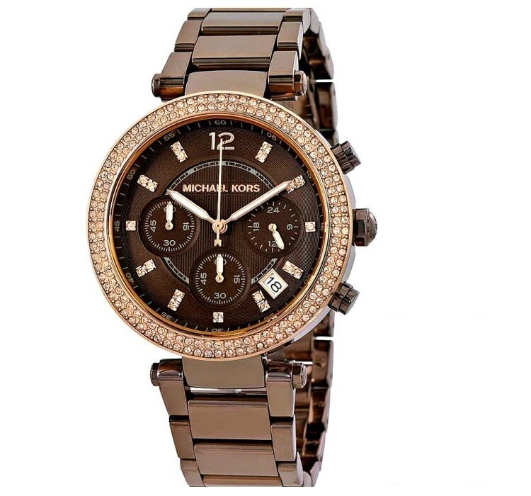 NEW MICHAEL KORS PARKER ESPRESSO BROWN S/S,CRYSTAL,CHRONO,BRACELET