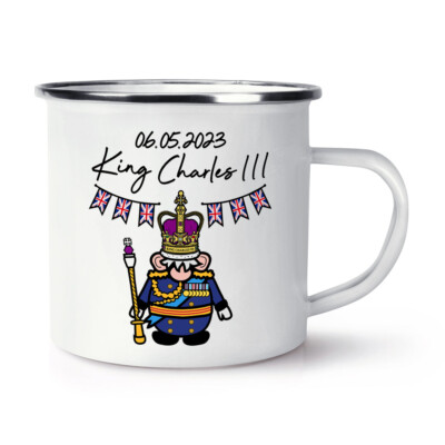Gonk King Charles III Emaille Becher Tasse Königskrönung Straßenparty lustiger Zwerg