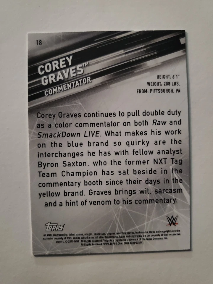 2019 Topps WWE SmackDown Live Commentator 〜 #18 COREY GRAVES - Image 2 of 2
