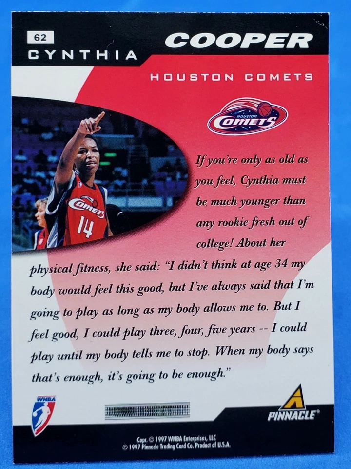 1997 WNBA Pinnacle Houston Comets Cynthia Cooper Scoops #62 NMT - Image 2 of 2