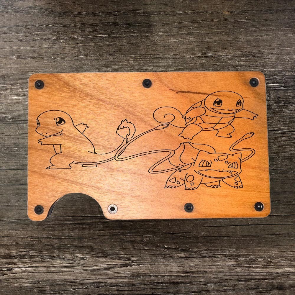 Cartera de madera minimalista grabada con láser con Charmander Poke-mon