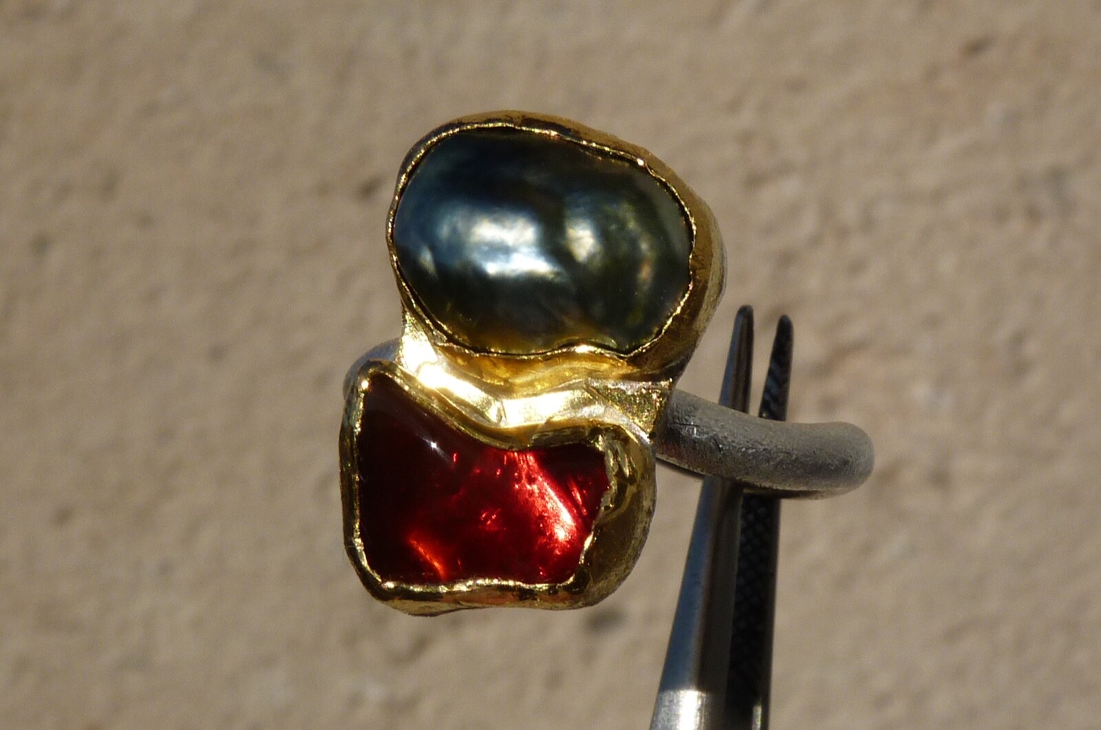 925 Silver And 24 Ct Gold Ring, 1 Fire Opal, 1 Keishi Pearl, Size 57