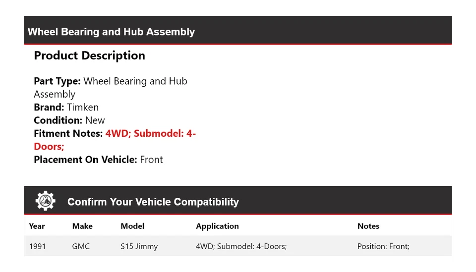 Conjunto de cojinete de rueda y buje delantero Timken para GMC S15 1991 Jimmy 4 puertas 4x4 Foto 2 de 4