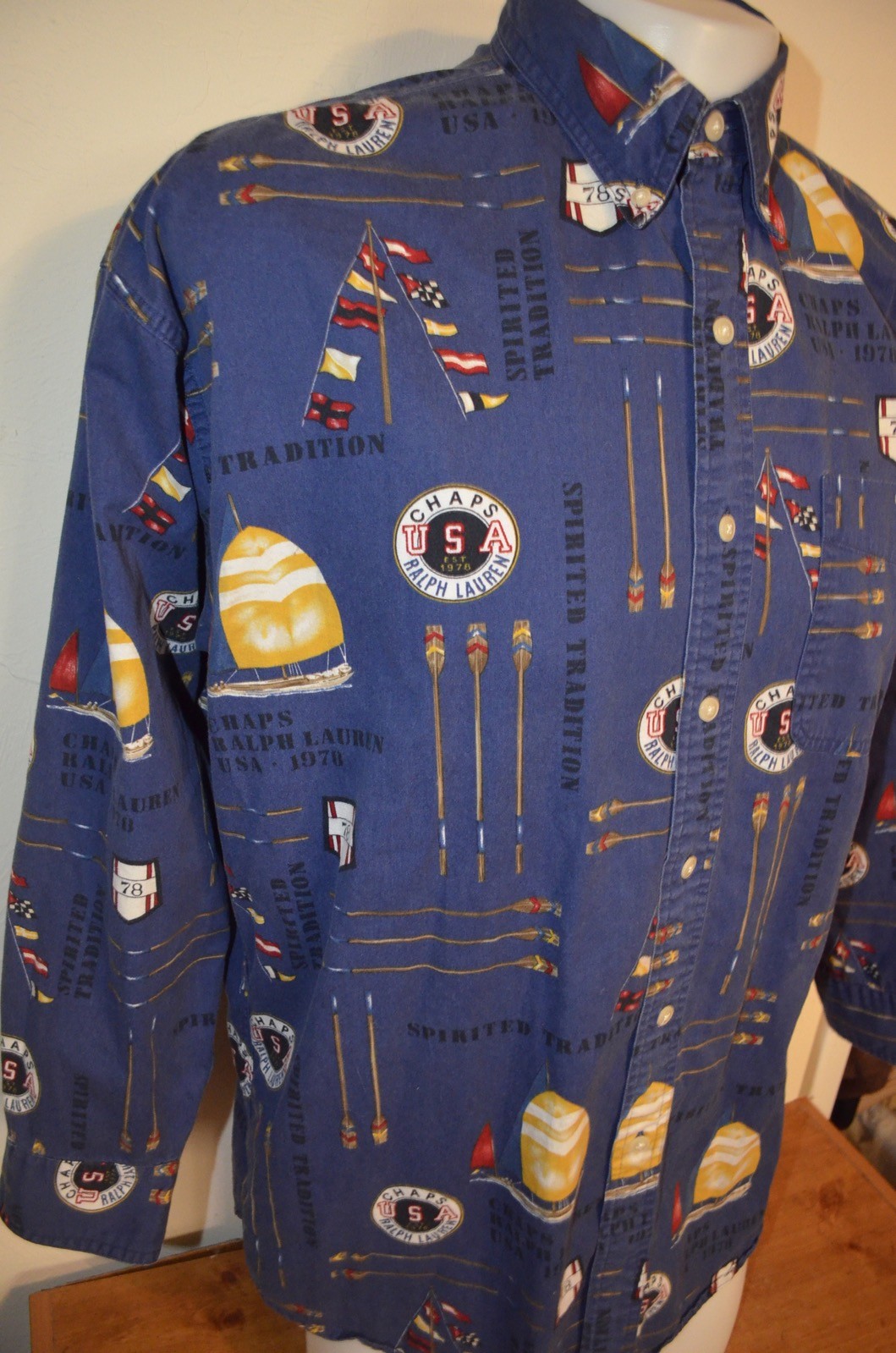 FILA Camicia sportiva Chaps Ralph Lauren stampa DOP canottaggio barca a vela vintage anni '90