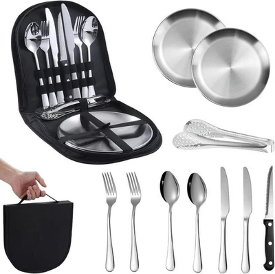 MARKENLOS Campingbesteck Für 2 Personen 10-teilig Picknick Geschirr Edelstahl Outdoor Set