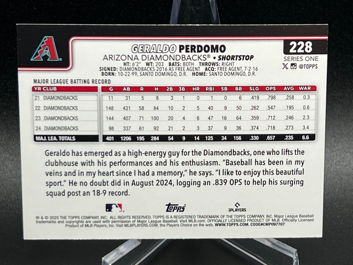 2025 Topps Series 1 GERALDO PERDOMO TEAM COLOR BORDER #228 ARIZONA 