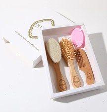 4 Piece Wooden Baby Hair Brush and Comb Set, Wooden Baby Care Kit with Soft Goat