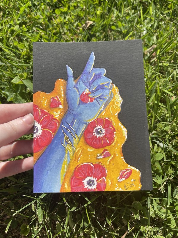 Small Dark-Themed Hand & Flowers Painting on Canvas, Unframed Single Piece Art