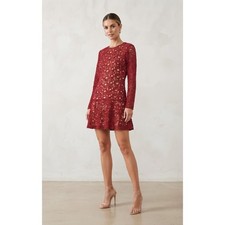 ZARA WOMAN Dark Red Lace Shift Dress Long Sleeve Nude Lining Size M