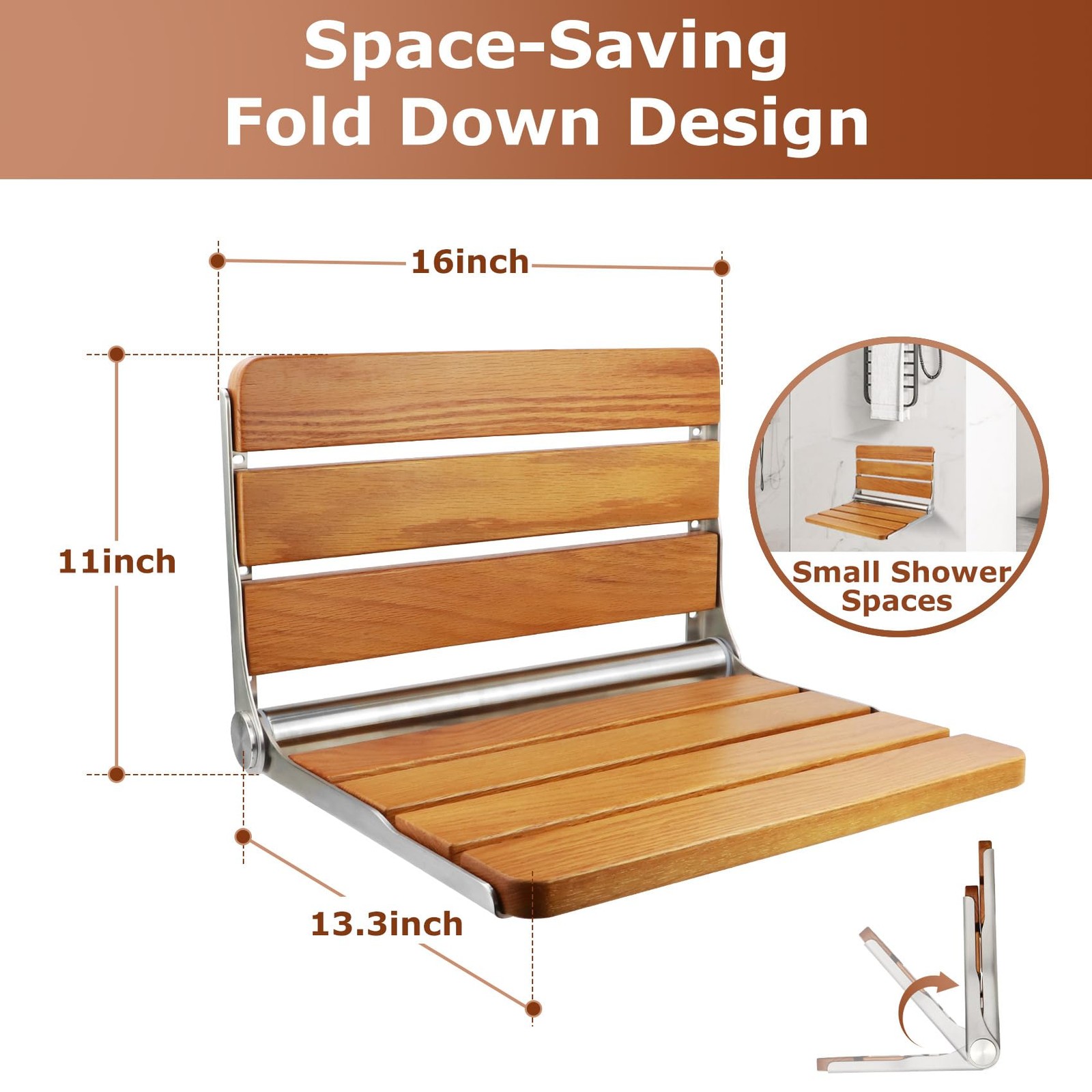 Folding Teak Shower Seat Wall Mounted,Fold Down Shower Seat,Foldable Shower