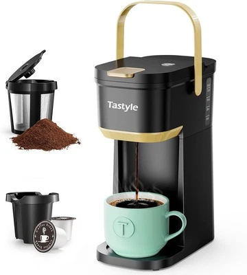 TASTYLE Single Serve One Cup Coffee Maker – K Cup/Grounds, Mini 6–12oz Portable, Black