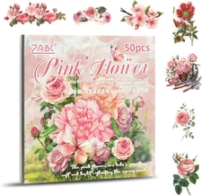 Pink Flower Sticker Scrapbooking Supplies for Bullet Journal 50 Sheets, Transpar