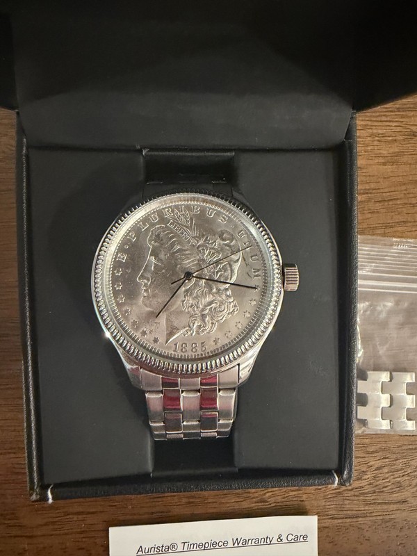 Aurista 1885 Morgan Silver Dollar Coin Men's Watch w/ Box, Links & Warranty Card