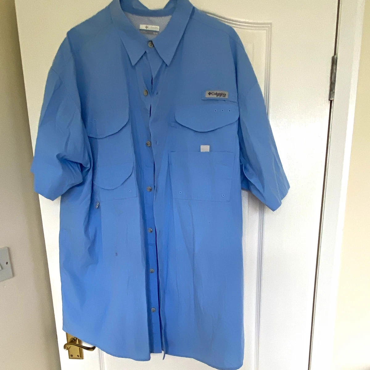 Camisa de pesca Columbia PFG azul manga corta con botones ventilada bolsillos XL para hombre