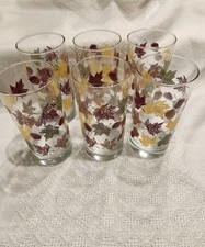 VTG Set of 6 Libbey Crisa Autumn Fall Leaves & Acorn 16 oz. Tumblers 