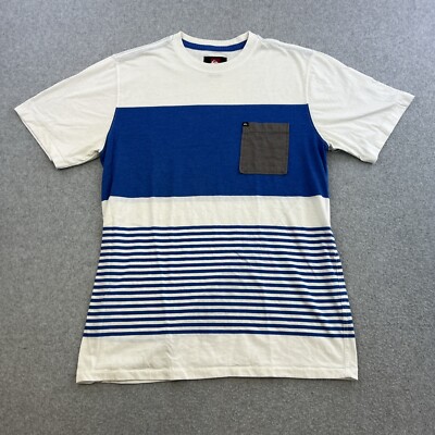 Quicksilver Shirt Mens Large White Blue Striped Short Sleeve Casual Adult
