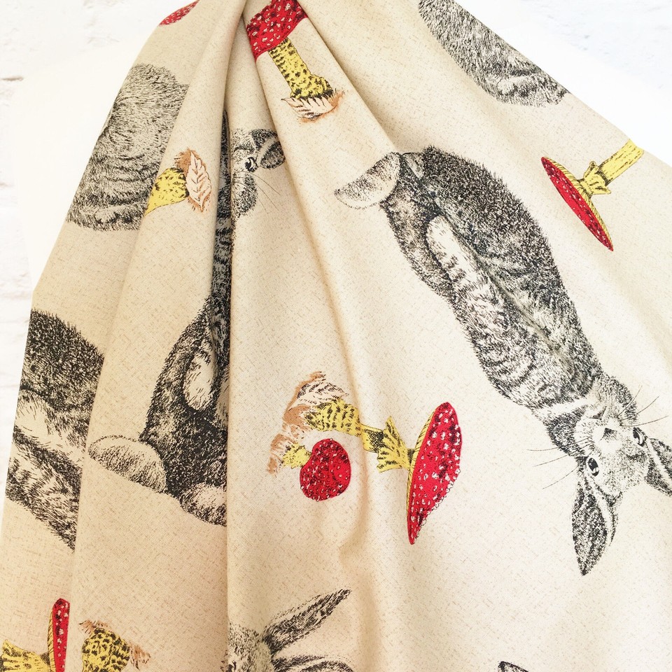 Rabbit cotton fabric toadstools woodland animal linen look bunny hare ...