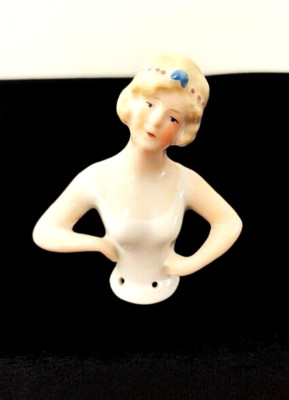 2.75'' Antique GERMAN #6099 Porcelain HALF DOLL FLAPPER Elbows Away Blonde Hair