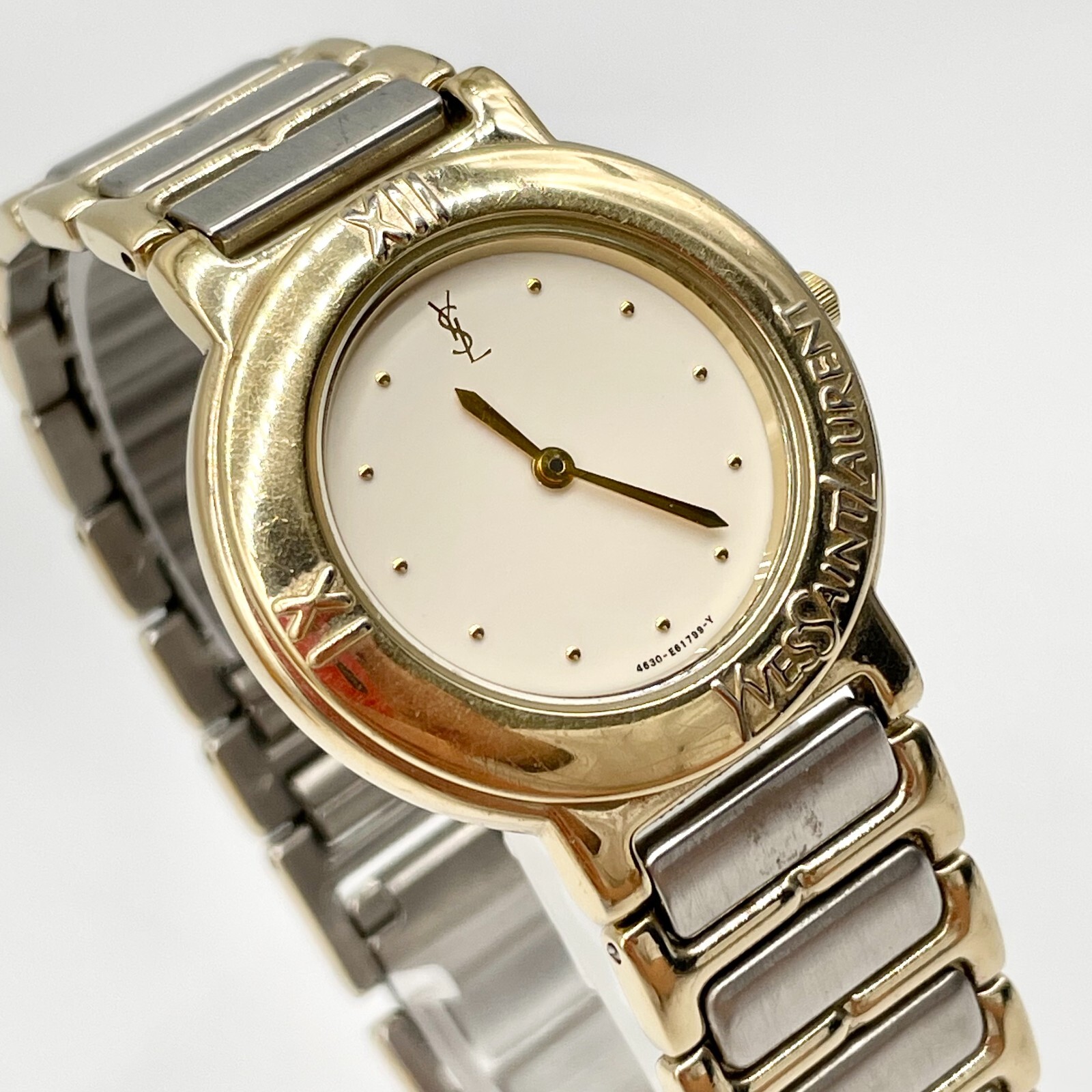 Orologio Yves Saint Laurent Quarzo Oro Argento Quadrante Bianco Uomo YSL Vintage Autentico