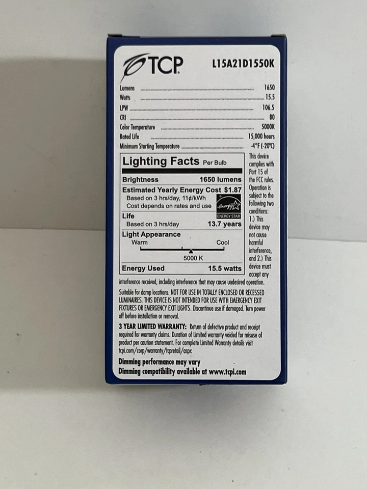 TCP 15W; 5000 Kelvin; 1600 Lumen; 80 CRI; E26 Base; Dimmable LED A21 Light Bulb - Image 3 of 4