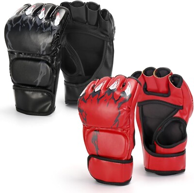 2 Pairs Half Finger Boxing Gloves w/ Wrist Strap for Men & Women Training