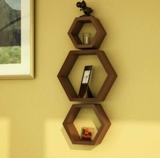 Hexagon wall shelf, Set of 3 Floating Hexagon wall Shelf BROWN