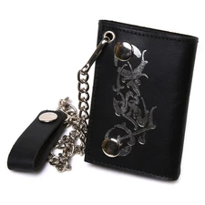 Black Genuine Leather Motorcycle Trucker Biker Chain Wallet With Inside Zipper