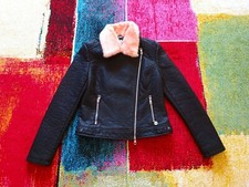 Giubbotto Giacca biker donna by MET JEANS, nero, collo in ecopelliccia rosa,Tg.L