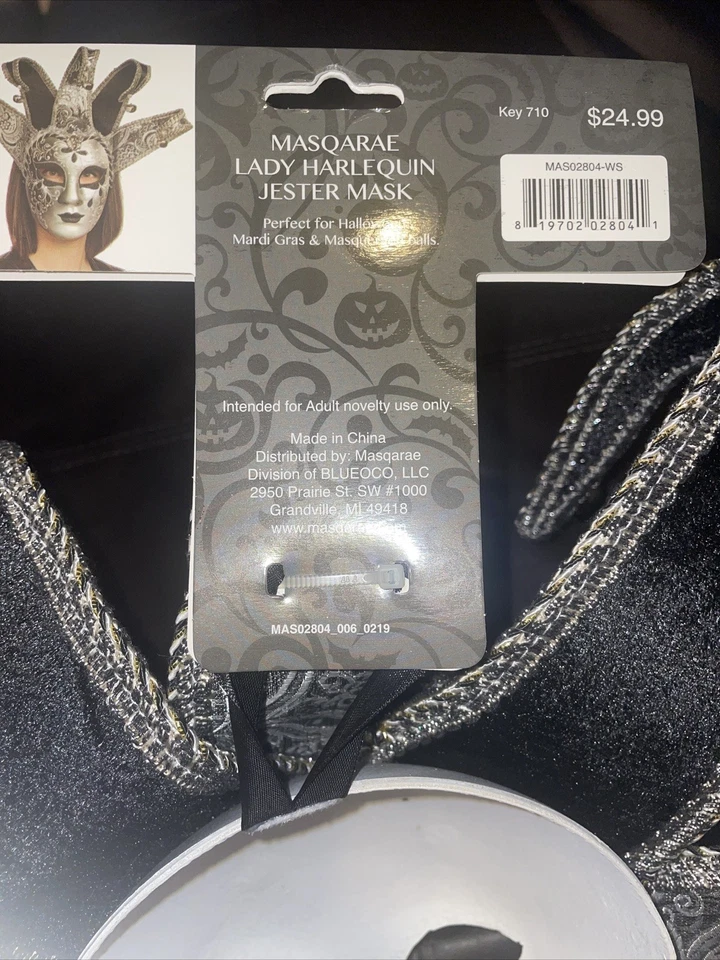 Máscara Bufón Arlequín Dama Masqarae Nueva con Etiquetas - Plata y Negro Brillo Estilo Veneciano Foto 4 de 4