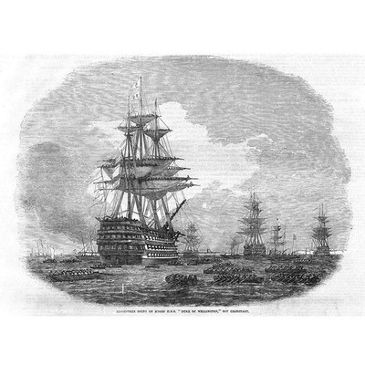 KRIMKRIEG Baltische Flotte - Midshipmen an Bord der HMS Wellington - Antikdruck 1855
