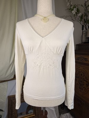 Cream Long Sleeve Embroidered V-Neck Top Koton M Cottagecore Flowers Y2K Coastal