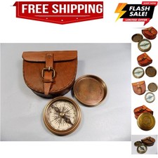 Authentic Vintage Style Brass Pocket Compass with Leather Case Rustic Vintage...
