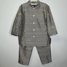 Silkland 100% Silk Black White Gingham Embroidered Palm Trees 2 Pcs Suit 14W NWT