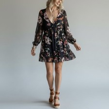 Bellambra Dress Size Medium Silk Blend Floral Babydoll Black Long Sleeve