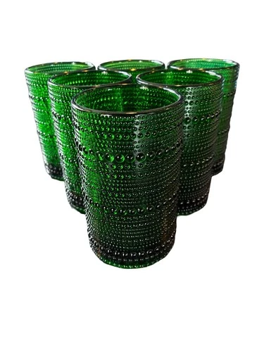 Vintage Federal Glass Emerald Green Heavy Hobnail Highball Tumblers Set 6 MCM