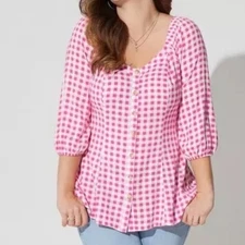 Torrid Pink Gingham Fit & Flare Rayon Slub Button Up 3/4 Sleeve Blouse 2X