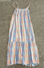 LOFT Pastel Blue Pink Madras Plaid Smocked Tiered Midi Dress Sundress Pockets -M