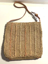 THE SAK Tan W/Blue Woven Crochet Knit Shoulder Bag Small Purse Boho Zippers 9x9