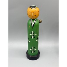 Vintage Wooden Kokeshi Doll Green Bank Nodder Hand Painted Folk Decor
