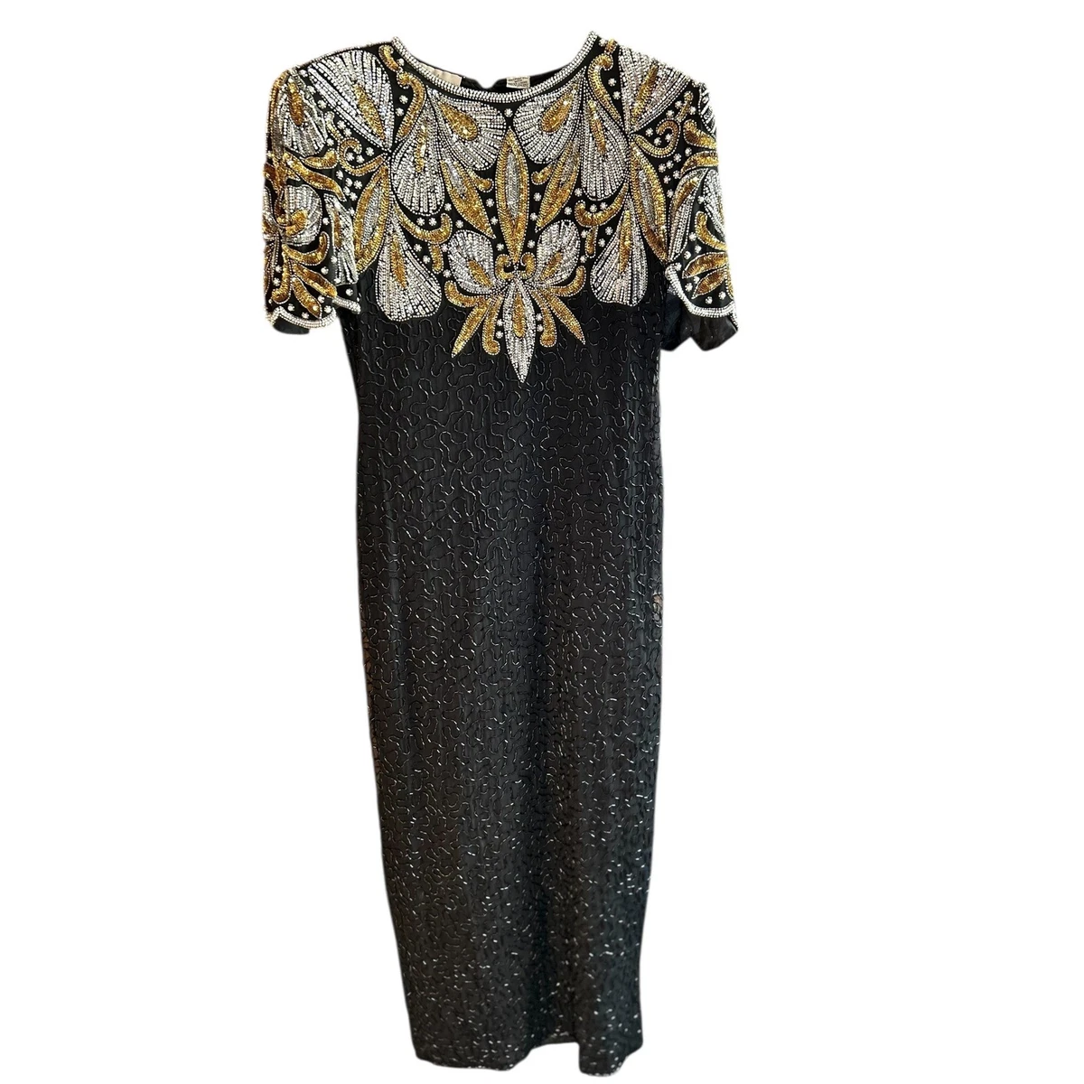 laurence kazar new york beaded dress Vintage Laurence Kazar New York Black Beaded Cocktail Dress Gold Silver Pearl XL