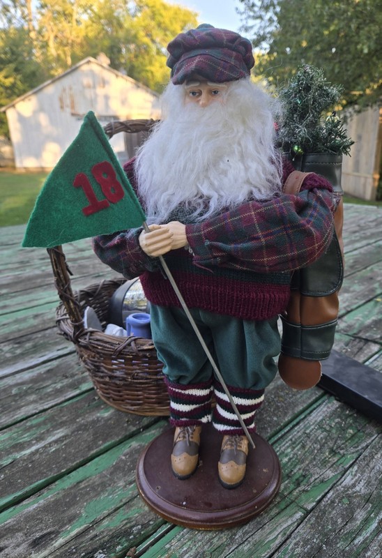 Golfing Santa Figurine with Clubs and Bag and 18 Hole Flag