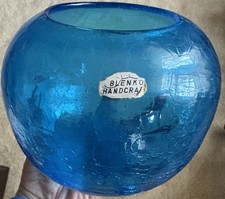 BLENKO HANDCRAFT Blue Crackle Large Rose Bowl Original Sticker
