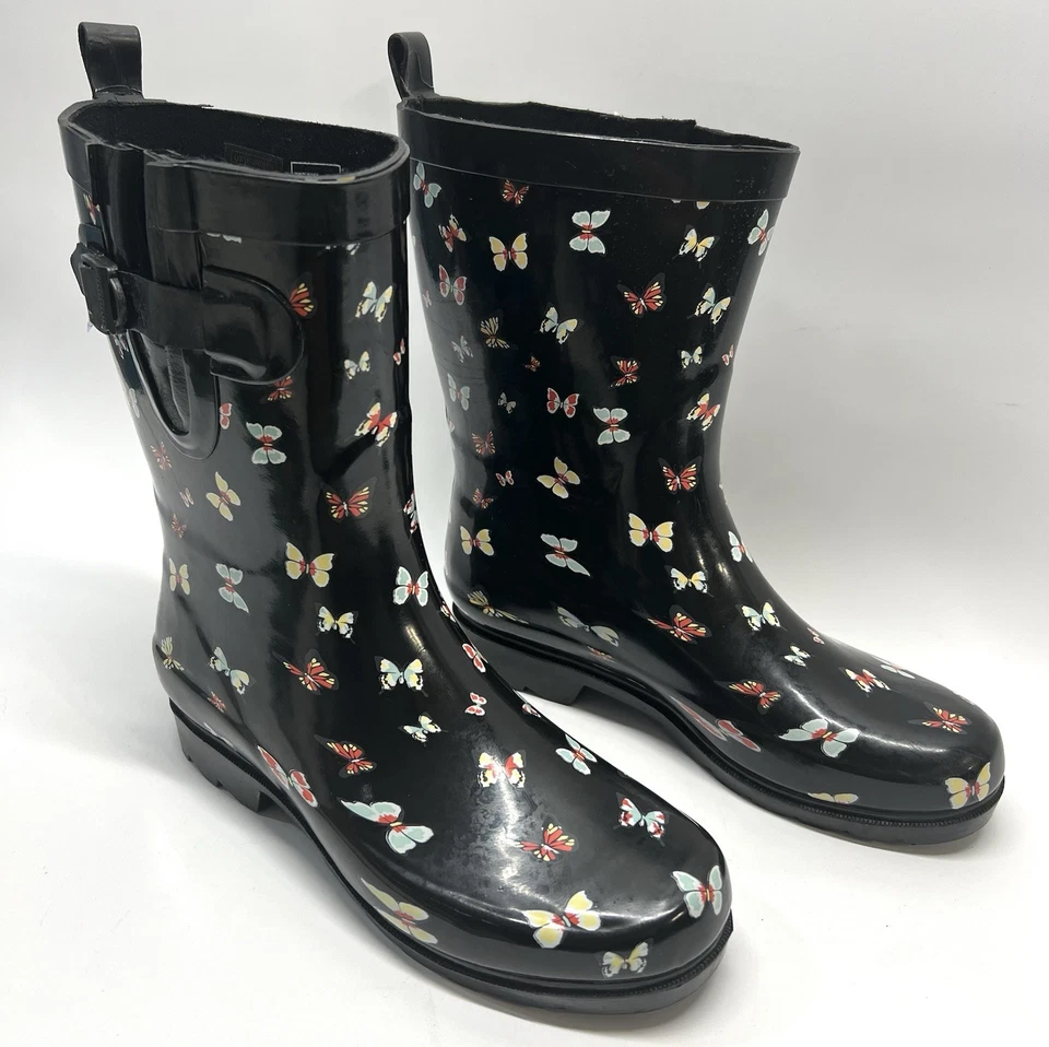 Lindas botas de lluvia Capelli Butterfly para mujer talla 9 negras de goma impermeables Foto 2 de 4