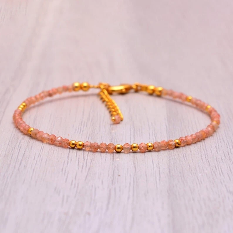 Pulseira A+ Natural Pedra Preciosa Redonda Facetada AAA+ Contas Folheadas a Ouro 6-8" - Imagem 4 de 4