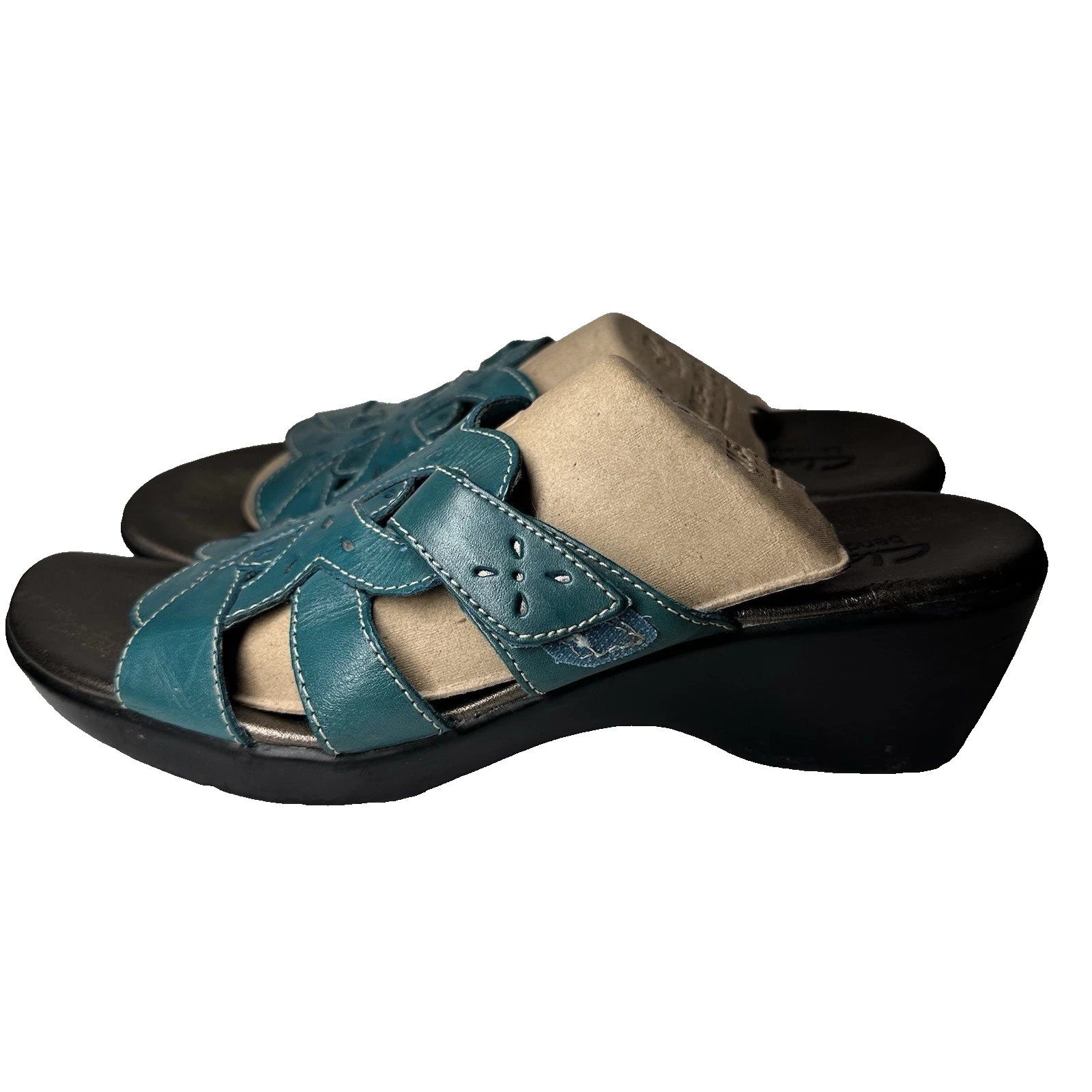 Sandali donna Clarks pieghevoli zeppa slip on cinturino floreale pelle 9 5 blu acqua