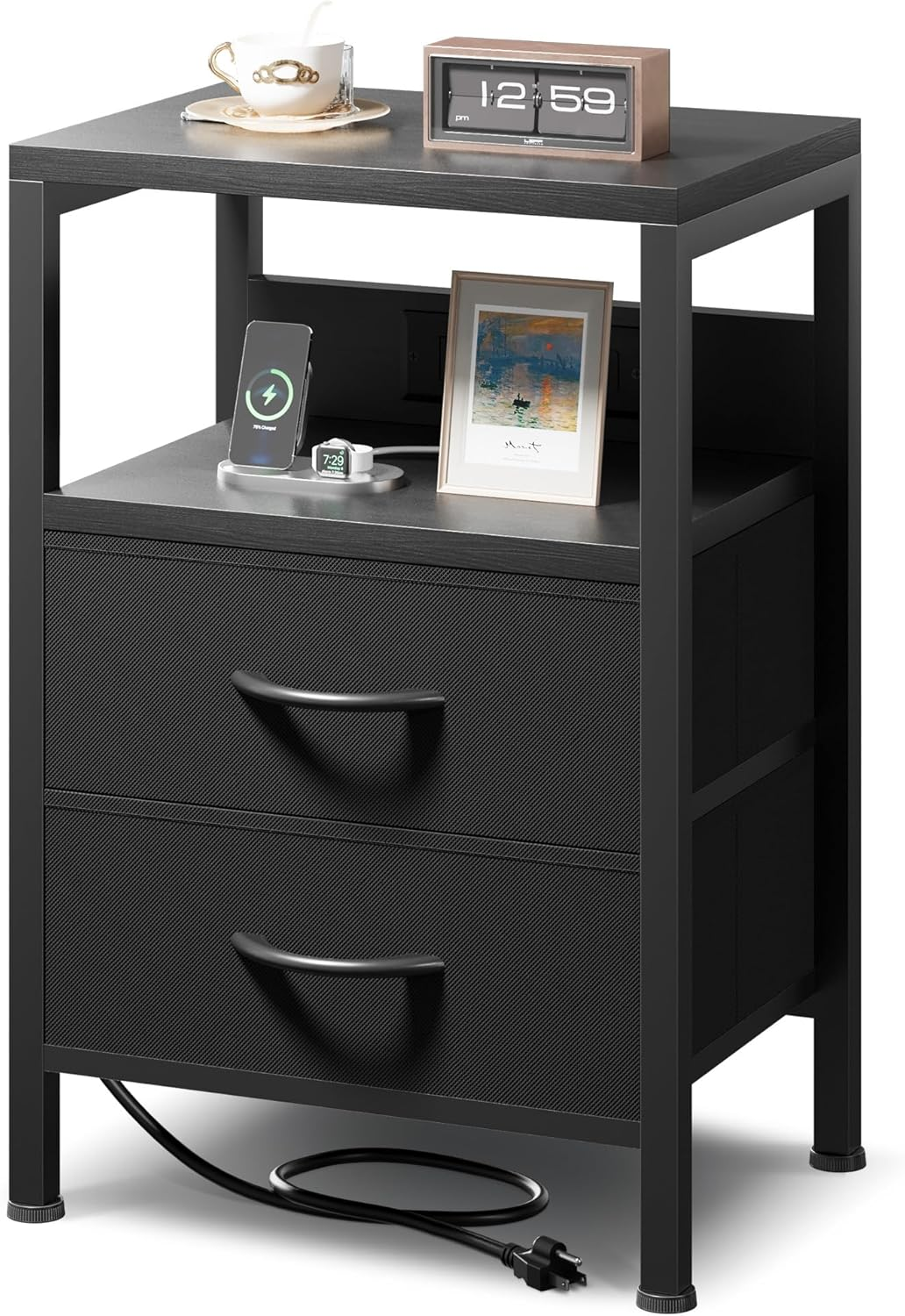 Modern Nightstand with USB Charging Station for Bedroom - Wooden Bedside Table-image