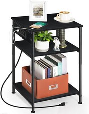 3Tier Nightstand End Table w/Charging Station Bedroom Side Table w/Storage Shelf