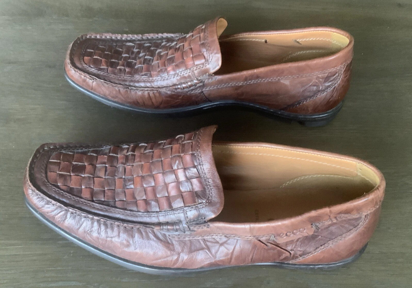 Scarpe slip on ECCO tessuto pelle cognac vamp euro taglia 45 taglia US 11 11 5 EW